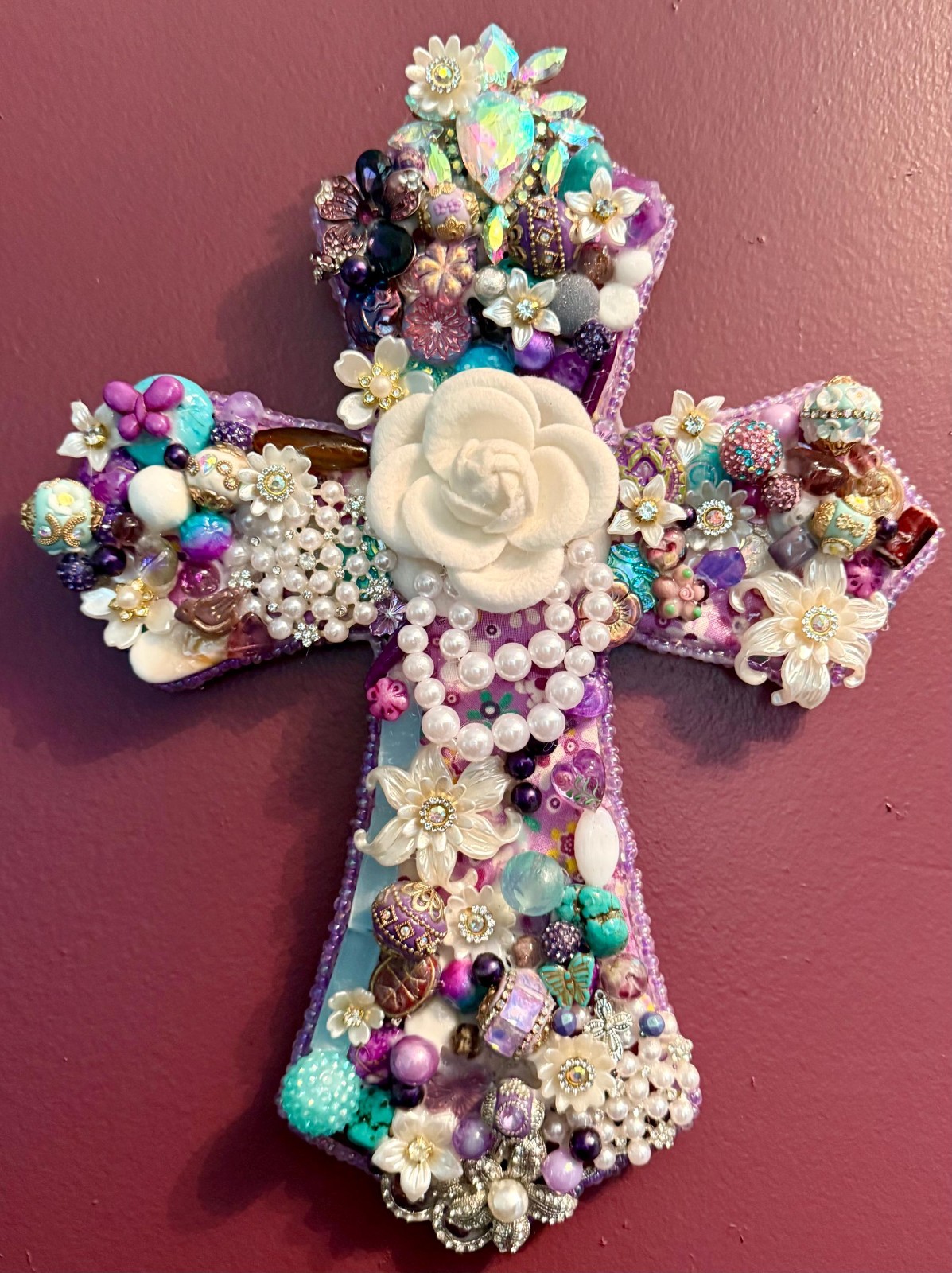 Purple Jeweled Cross Wall Art, Hand Beaded Floral Cross, Pearl Mosaic Cross
