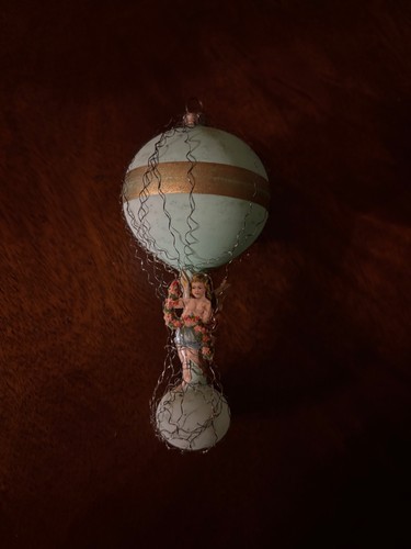 Antique Victorian Wire Wrapped Blue Balloon Die Cut Cherub Ornament