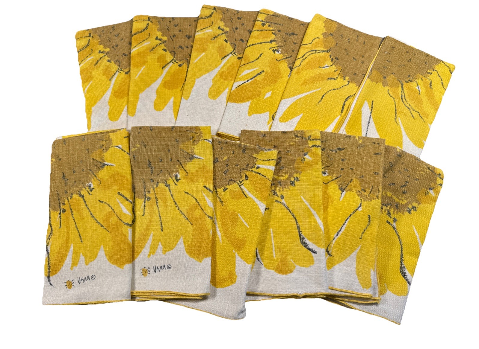 VINTAGE VERA NEUMANN SQUARE CLOTH NAPKINS SET OF 12 YELLOW SUNFLOWERS 16X16