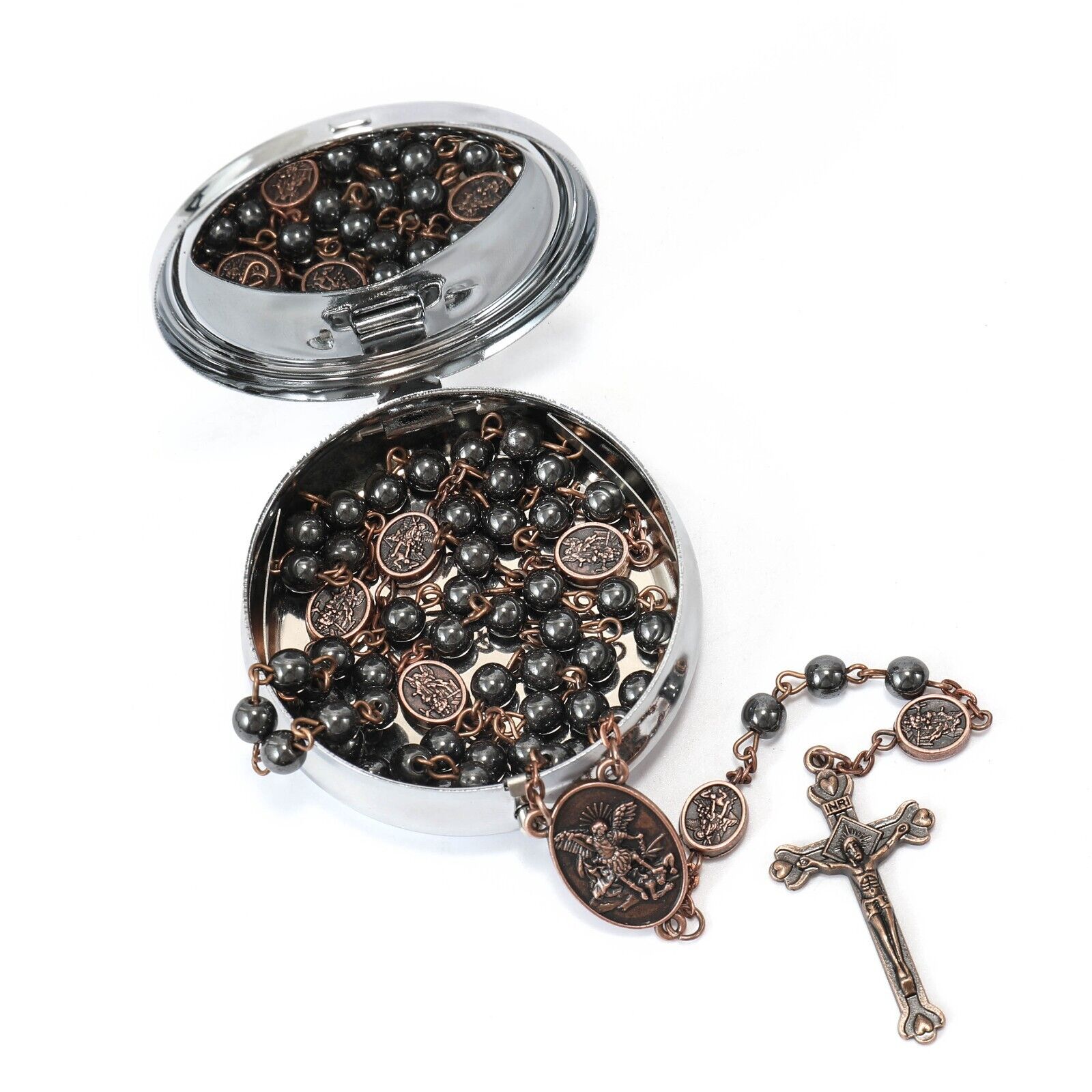 Antique Copper St Michael Black Hematite Stone Beads Rosary Necklace - Metal Box