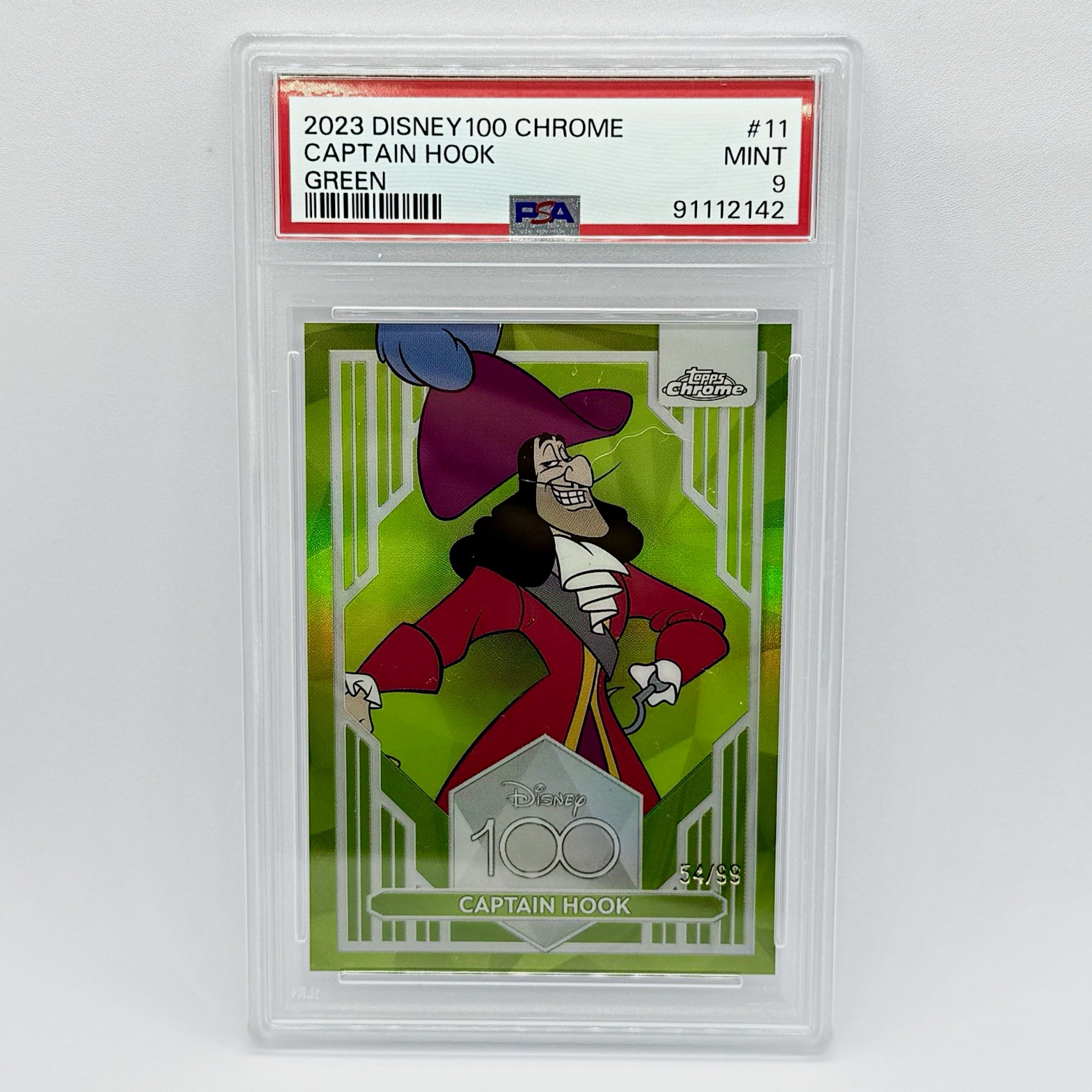 2023 Topps Disney100 Chrome Captain Hook Peter Pan #11 Green /99 PSA 9