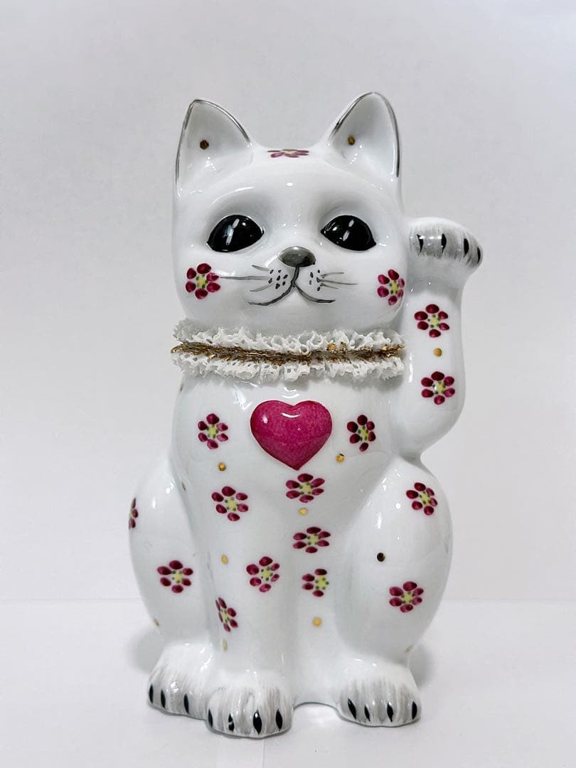 Maneki Neko Japanese ROYAL PORCELAIN Beckoning cat left hand raised floral patte