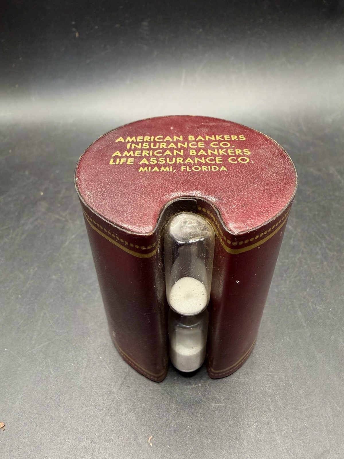 Vintage American Bankers Insurance Leather Hourglass Sand Timer Desk Paperweight
