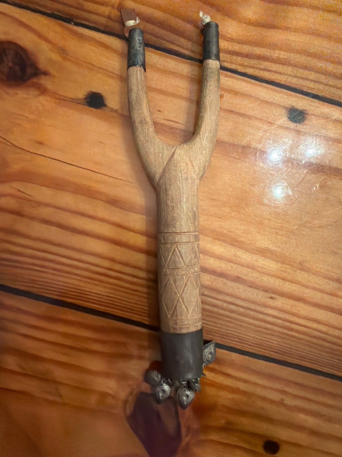 Vintage 1970s Afghan Kuchi Tribal Slingshot Hand Carved Wood Metal Dangles Boho
