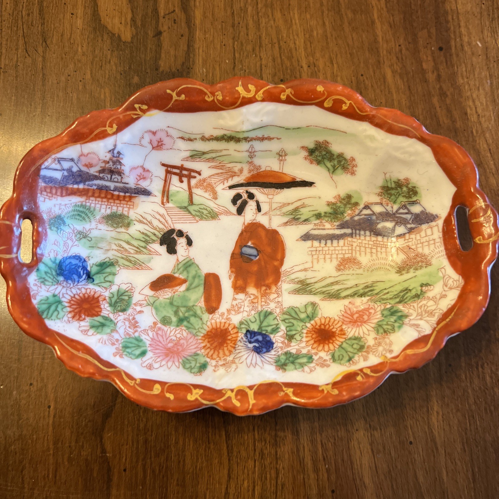Rare - Antique Kutani Japanese Geisha Porcelain Trinket Dish