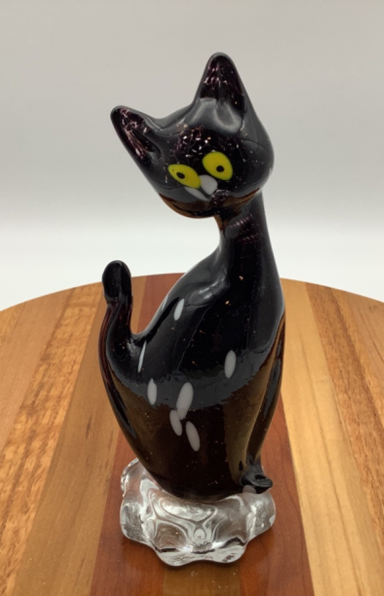 Vecchia Murano Derpy Black & Clear Speckled Glass Cat Hand Blown