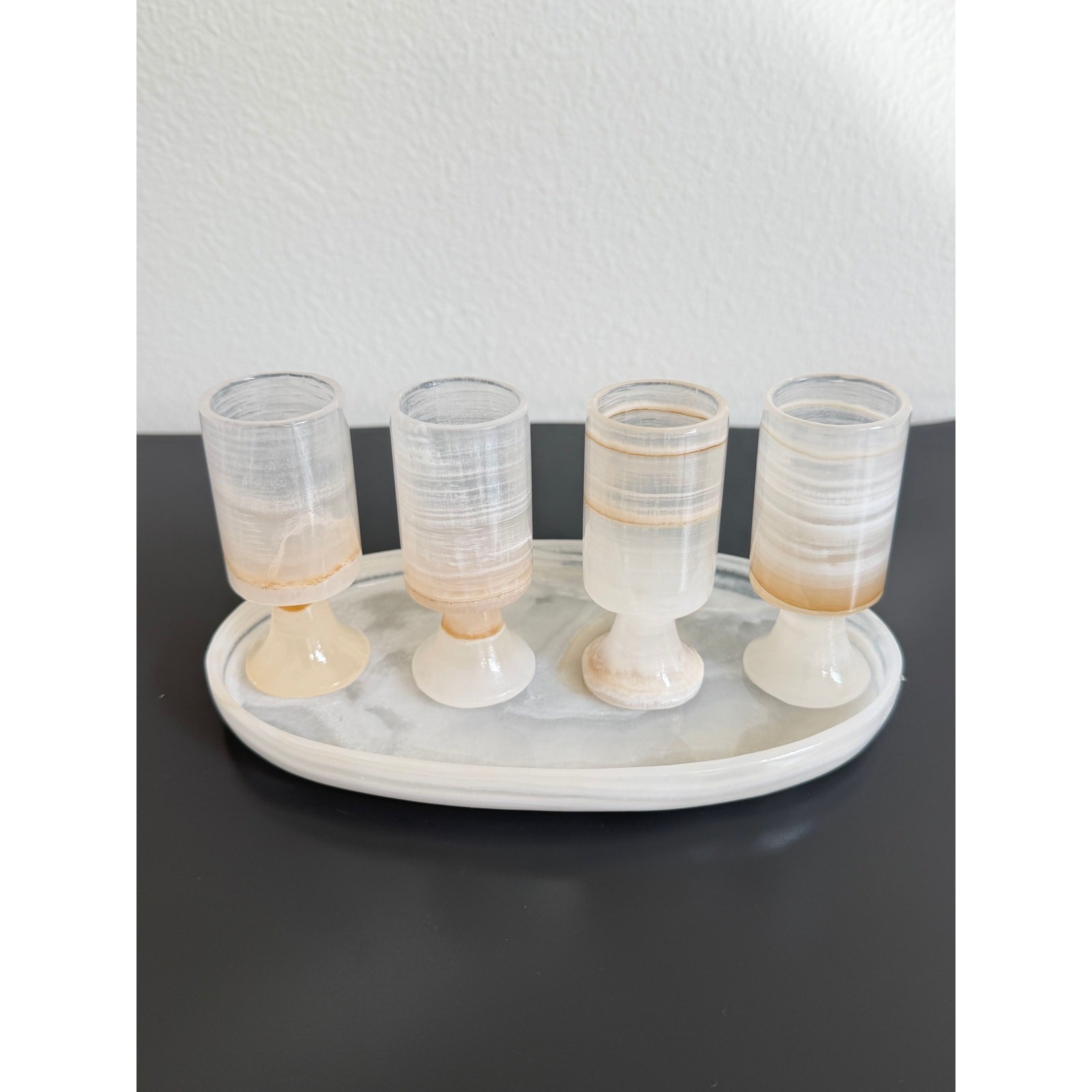 Vintage Onyx Stone Cordial Shot Glass Hand Carved Set 4 Goblets & Oval Tray