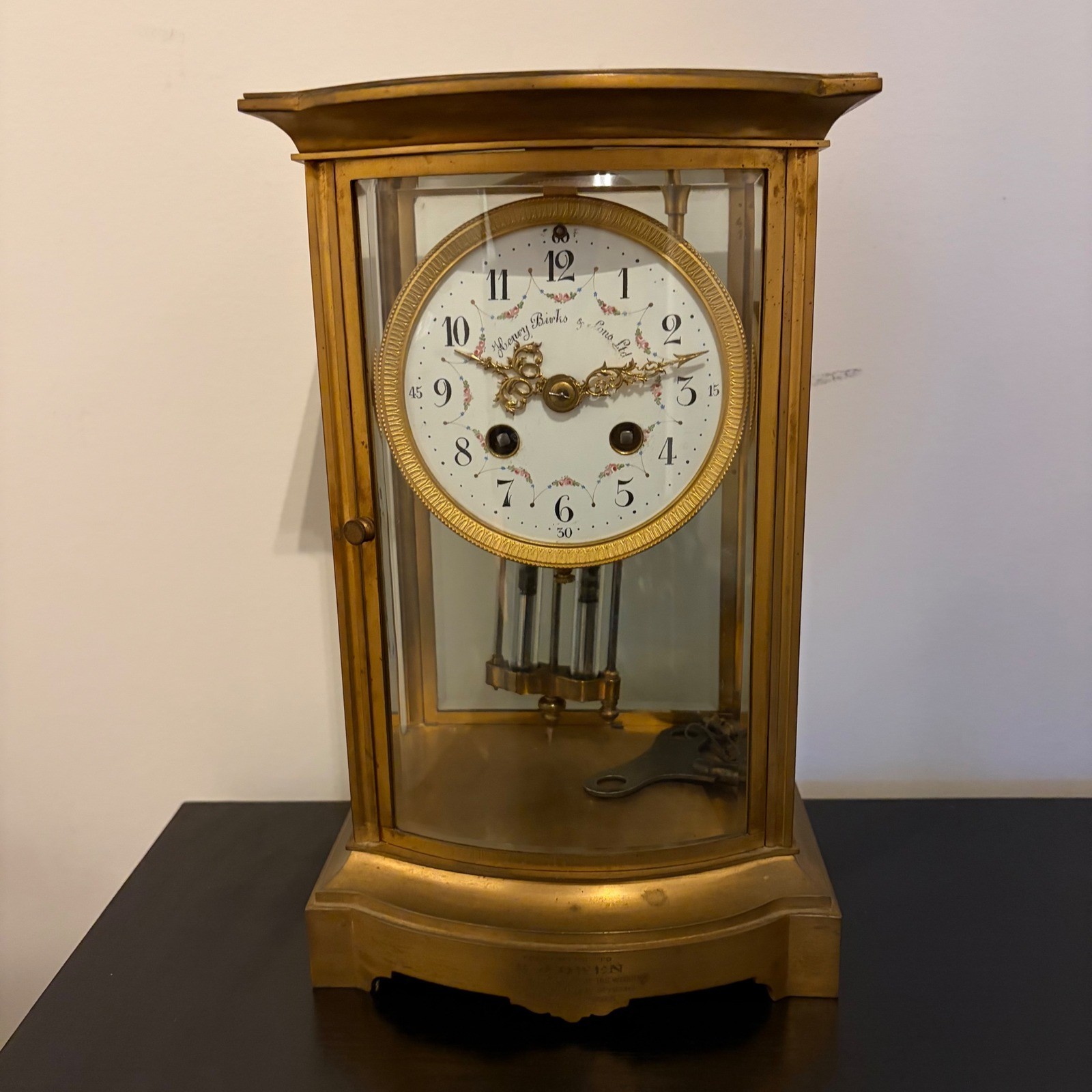 Henry Birks & Sons Antique Brass Carriage Clock Floral Dial 1925 Inscription