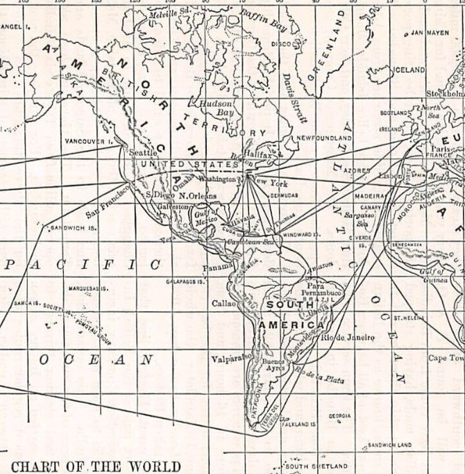 antique 1891 WORLD STEAMSHIP LINES Ports Navigation Routes Trade Gold Rush Suez