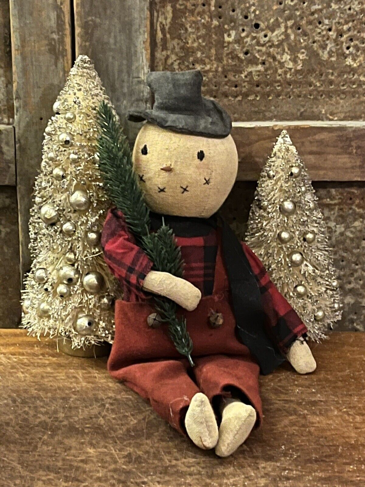 Grubby Primitive Rustic Christmas SNOWMAN w Red Black Flannel Overalls Doll