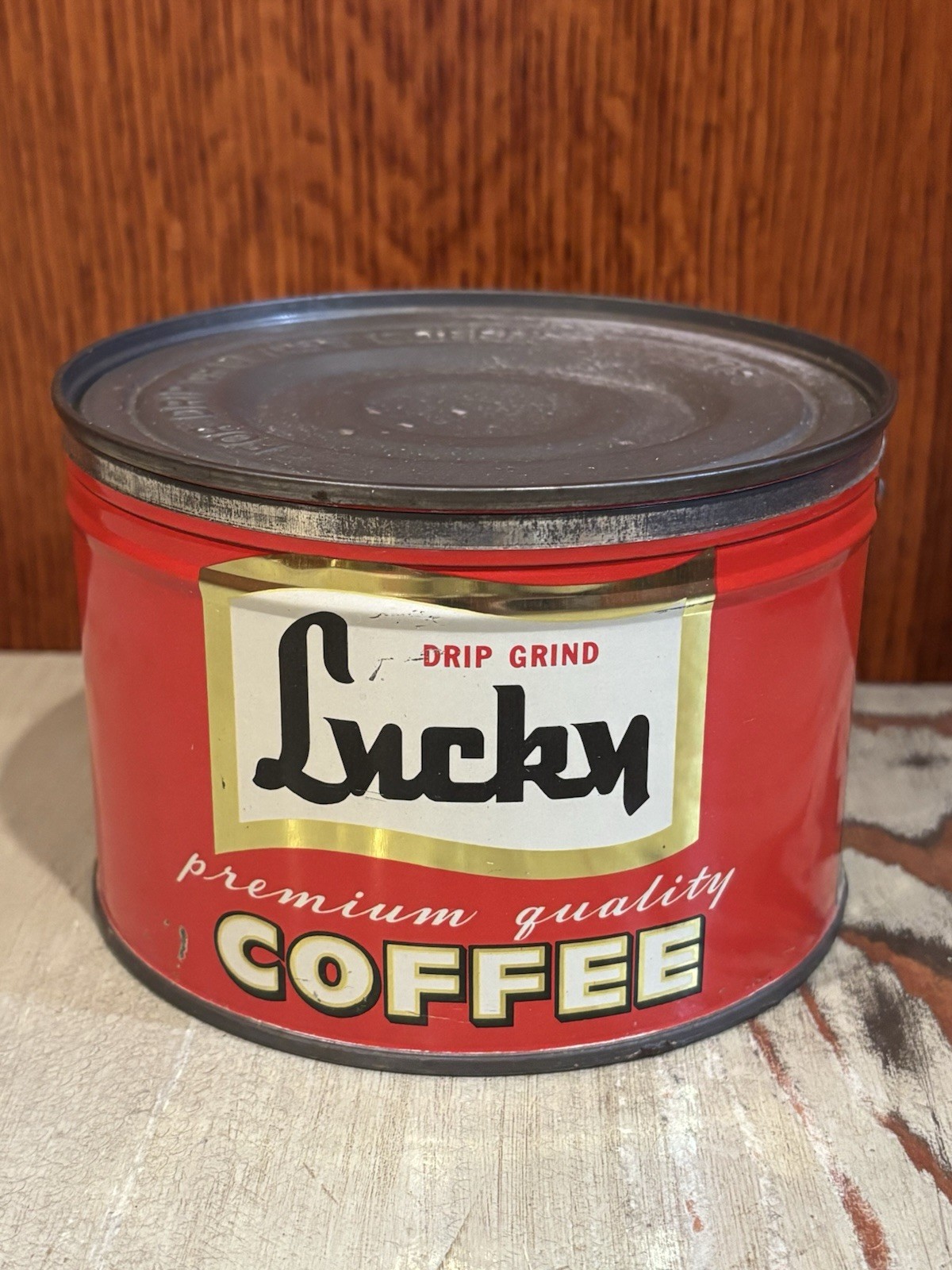Vintage Lucky Premium Quality Coffee Can Tin—San Leandro CA-Bay Area Advertising