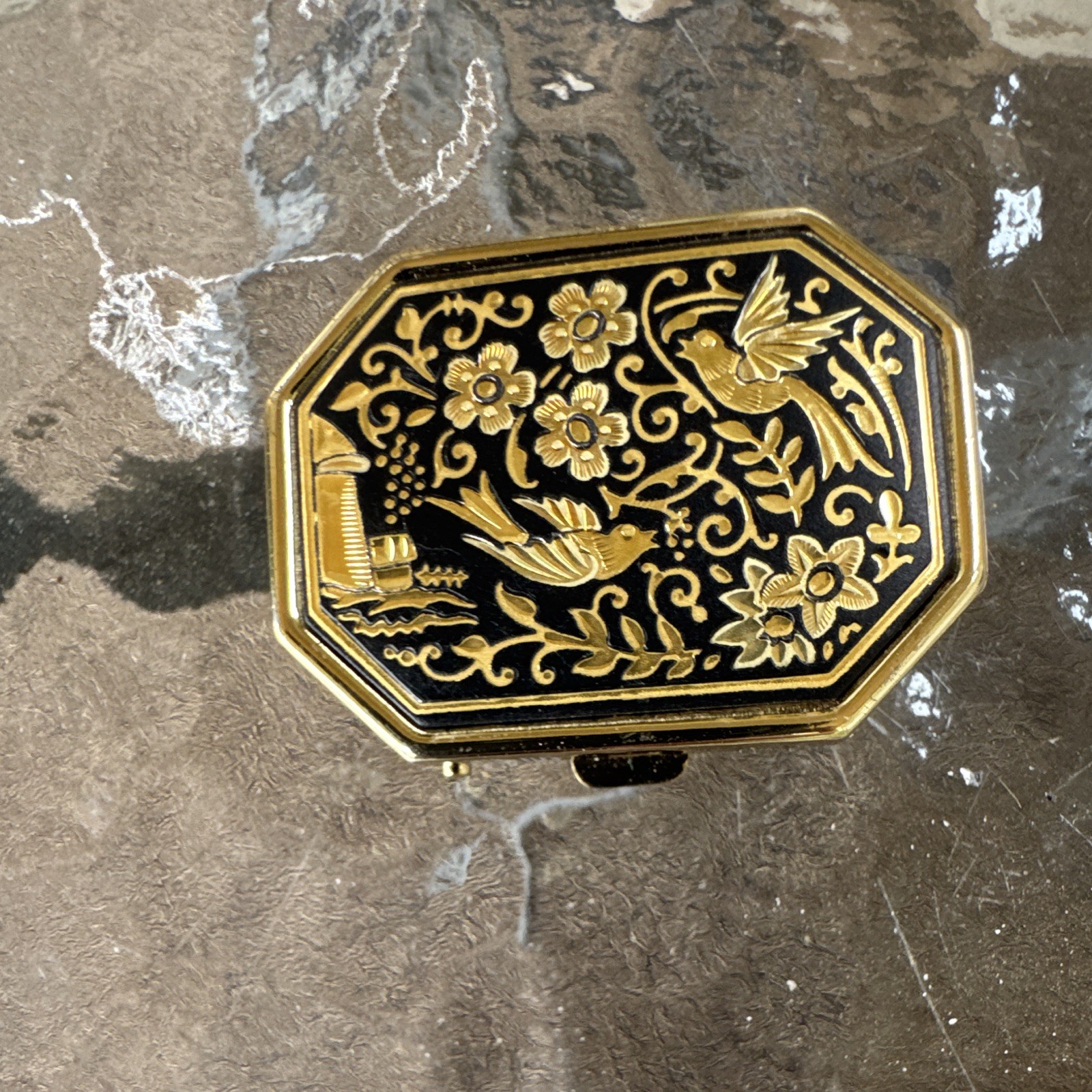 Gold and black Octagonal Compact Pill Box Floral Birds vintage 1977 Spain