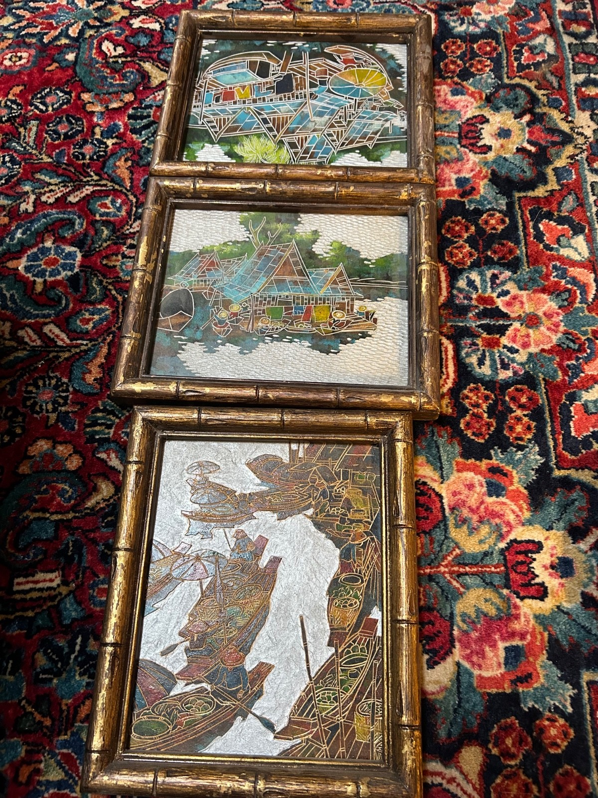 3 Asian Thai painted carved wood scenes MCM faux bamboo frames approx 9 x 11 vgc
