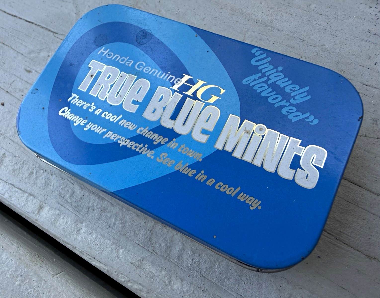 Honda Genuine HG True Blue Mints Blue & White Collectible Advertising Tin Honda Genuine HG True Blue Mints Blue & White Collectible Advertising Tin