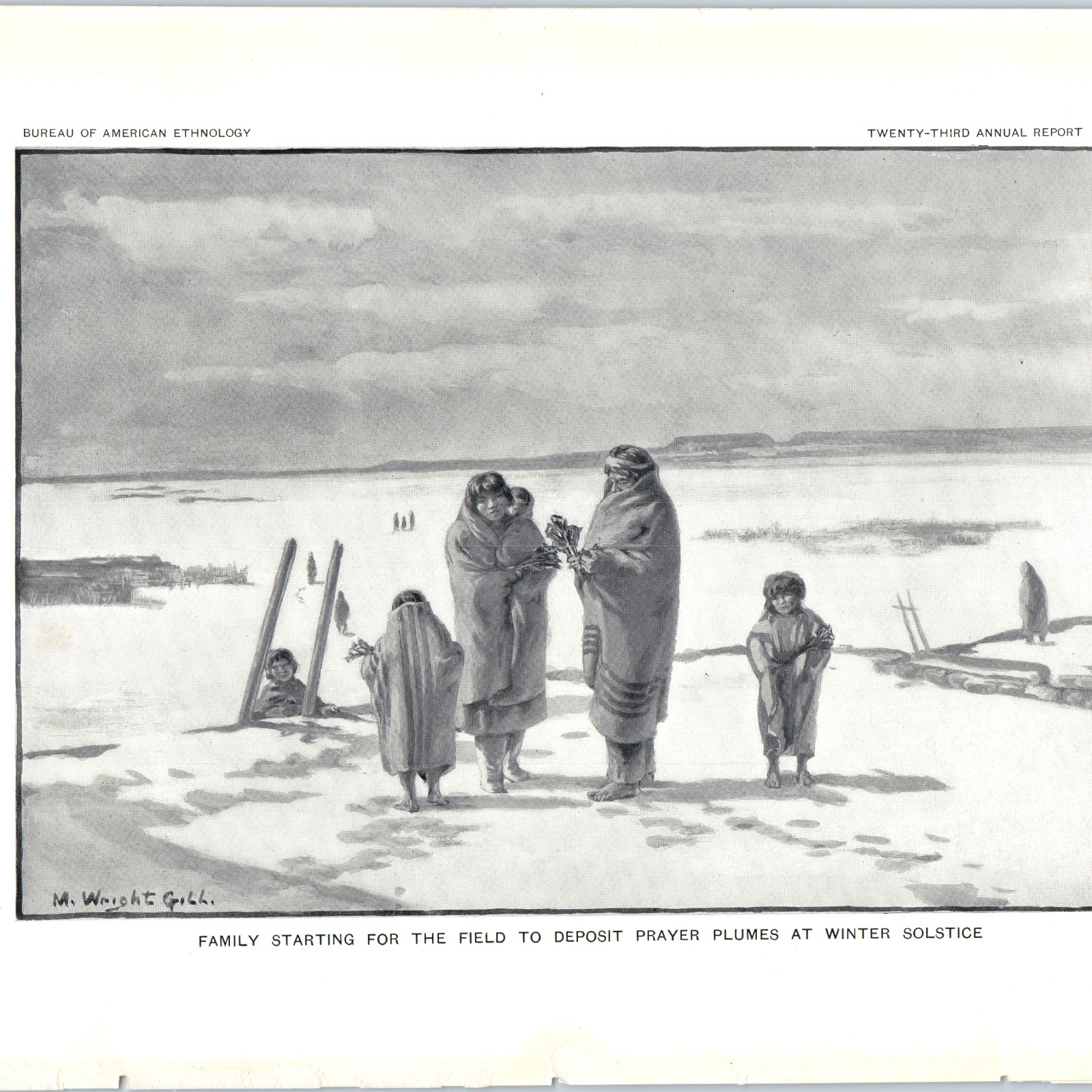 1904 Zuni Pueblo NM Halftone Print Family Winter Solstice Prayer Plumes Art BAE
