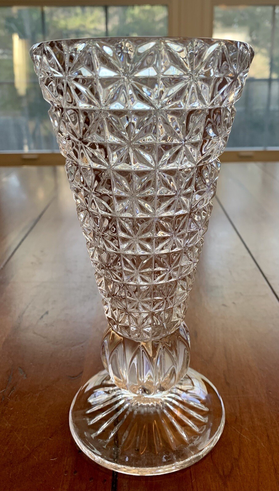 Vintage Heavy Clear Pressed Glass Trumpet Vase Star & Square Pattern 8\