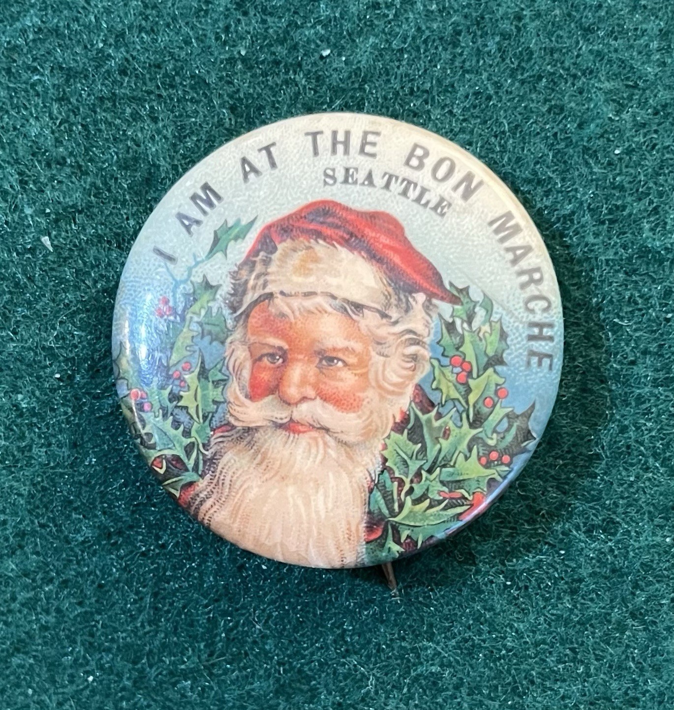 1900 BON MARCHE Seattle Christmas Button SANTA CLAUS \