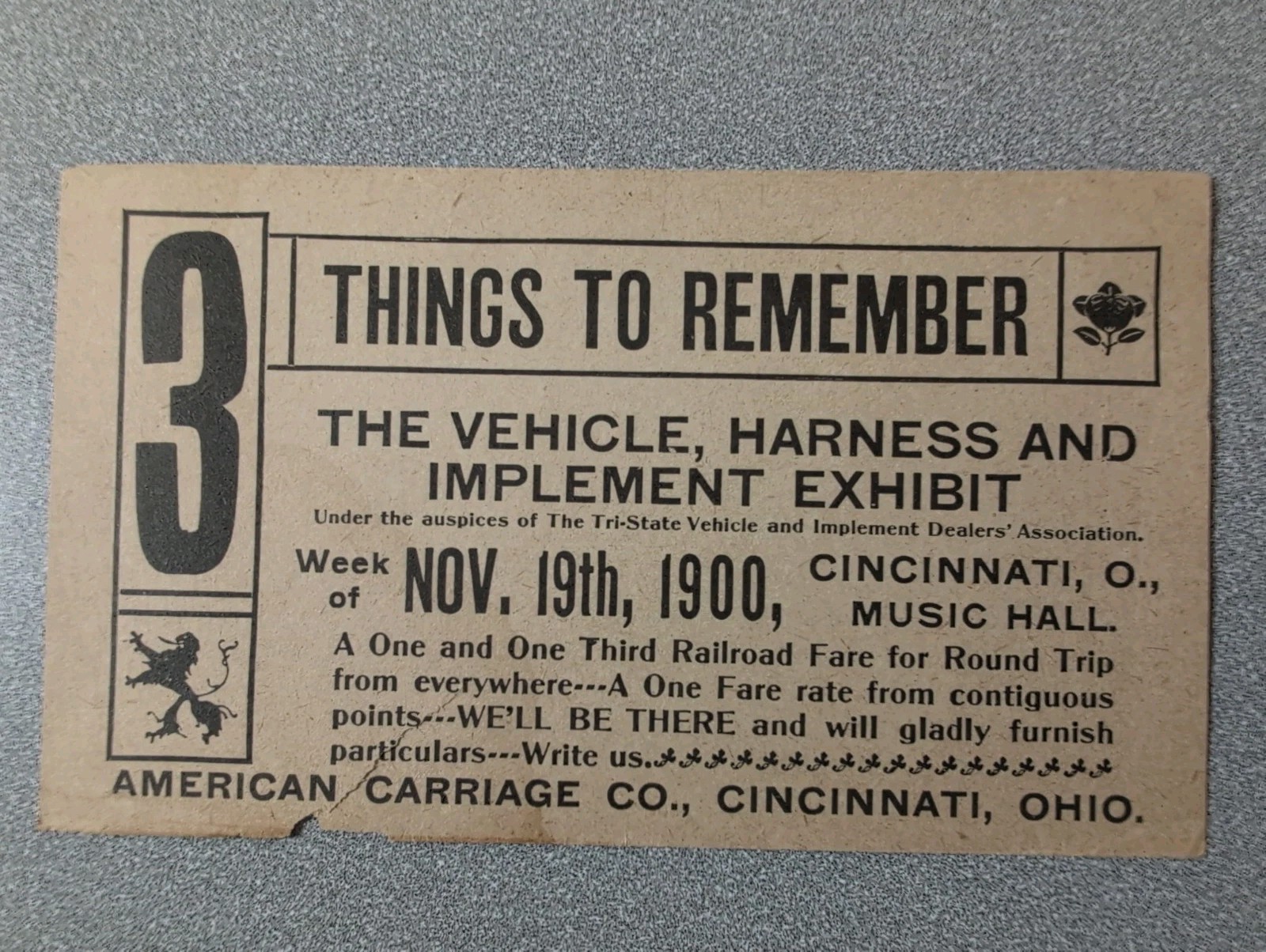 Antique 1900 Cincinnati Music Hall Ticket, American Carriage Co. Exhibit Pass Antique 1900 Cincinnati Music Hall Ticket, American Carriage Co. Exhibit Pass