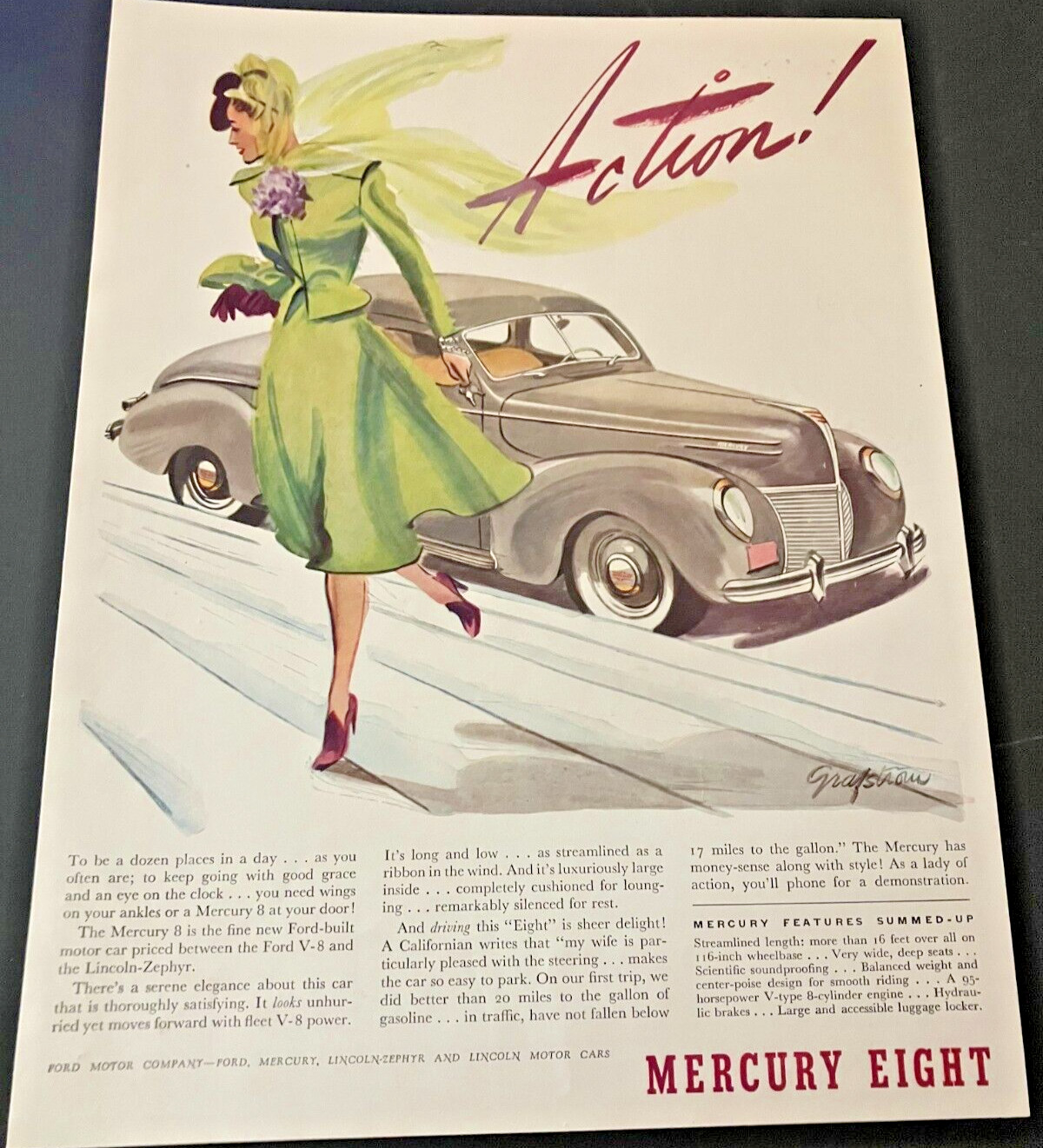 1930s Mercury 8 - Vintage Original Illustrated Color Print Ad / Wall Art - CLEAN