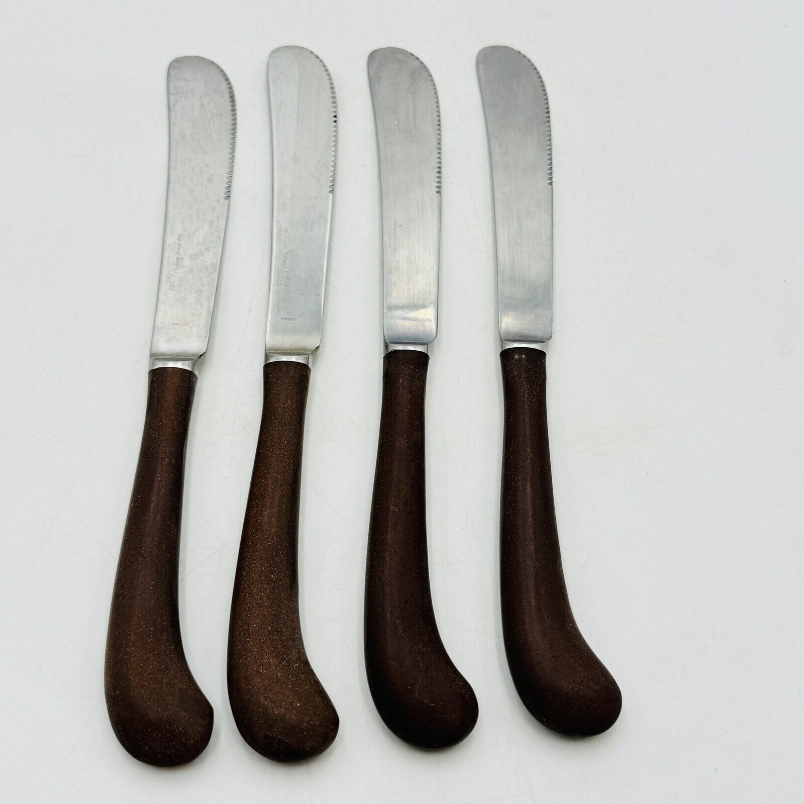 Mid-Century Ekco Eterna Steak Knives Set of 4 Brown Canoe Pistol Handles MCM