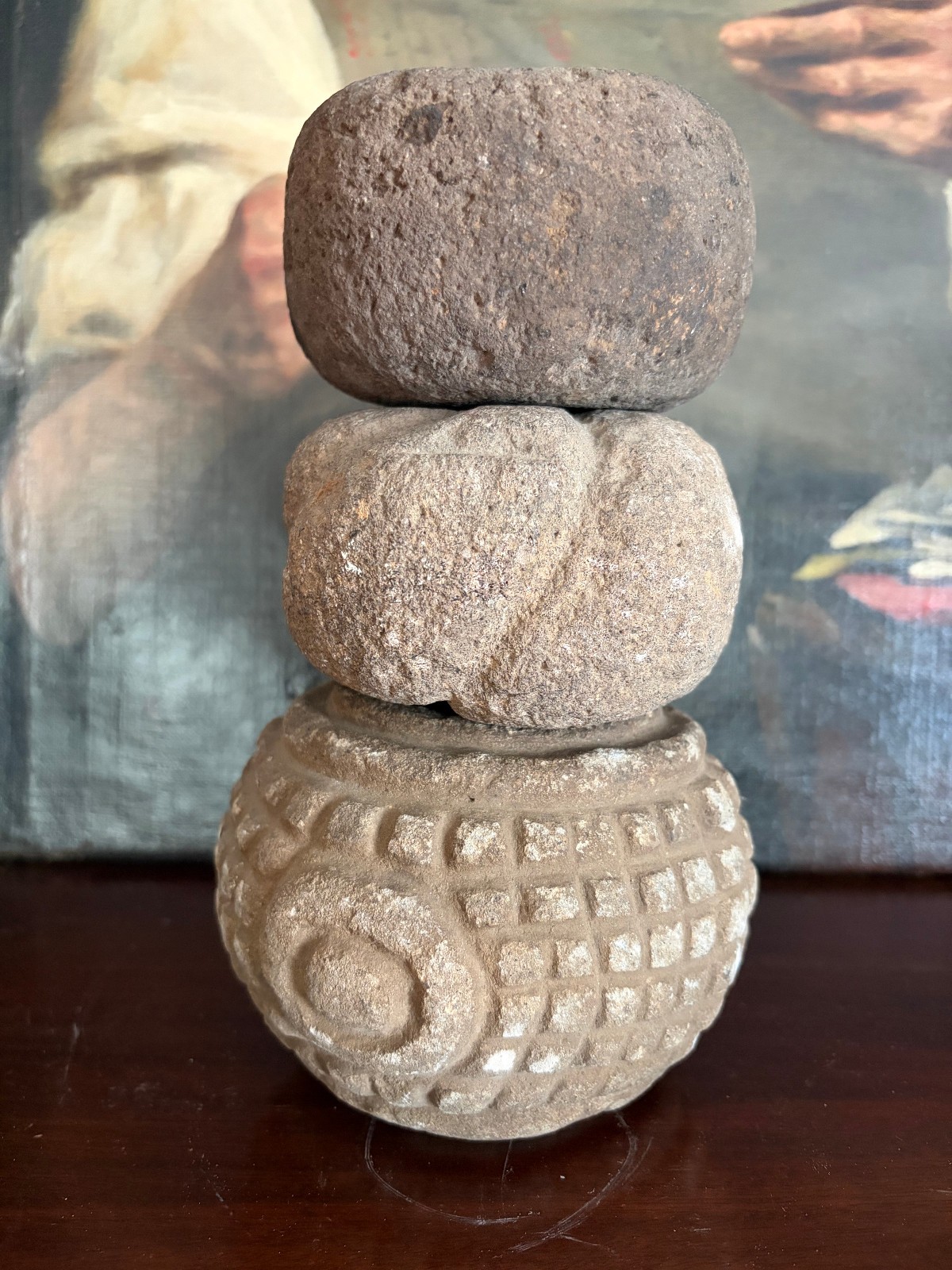 Three Guatemalan Mayan pre columbian volcanic carved mace heads varied sizes