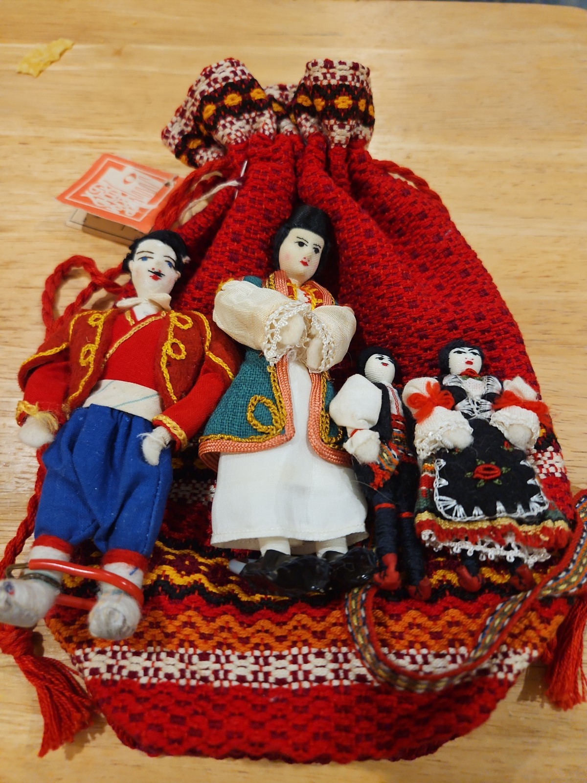 Vintage 1970s Bulgarian Folk Art Dolls Set-4 w/Original Woven Drawstring Bag&Tag