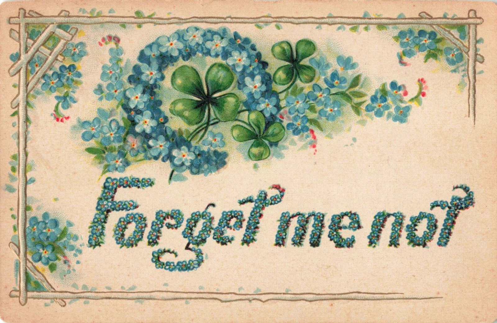Forget Me Not Blue Flowers Green Clovers Embossed, Vintage Postcard
