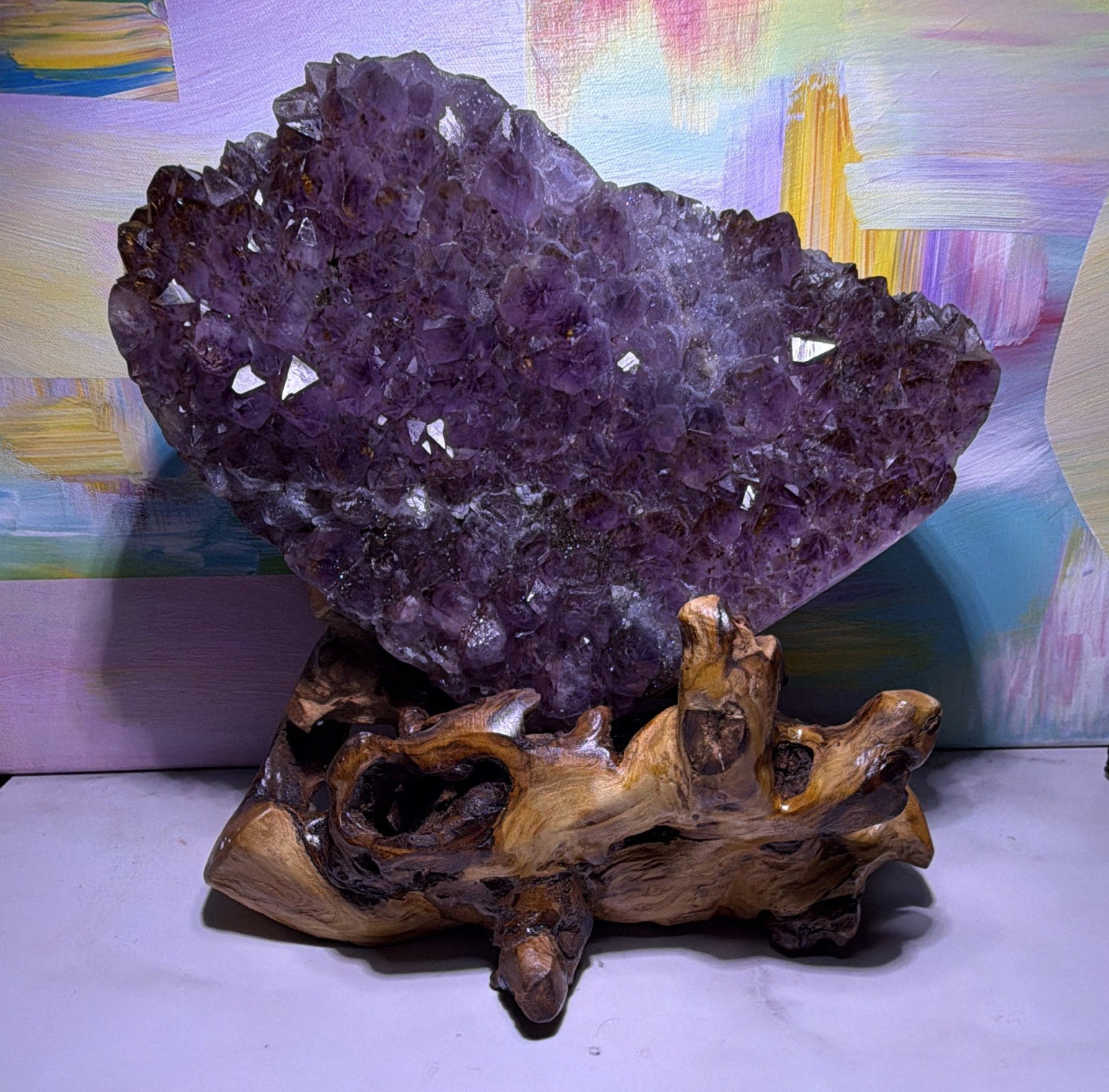 Purple Heart shape Natural Crystal Cluster Specimen on Wooden Display Stand 34Lb