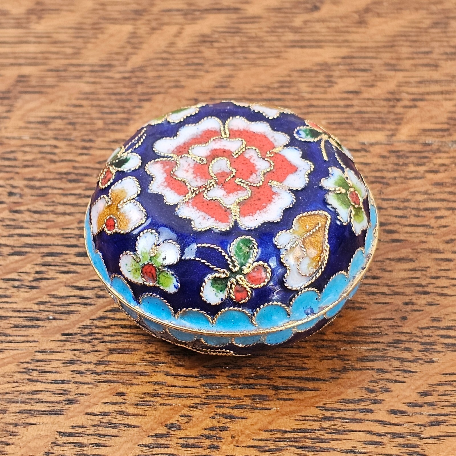 Vintage Cloisonne Enamel Floral Trinket Box Cobalt Blue Brass Round 2\