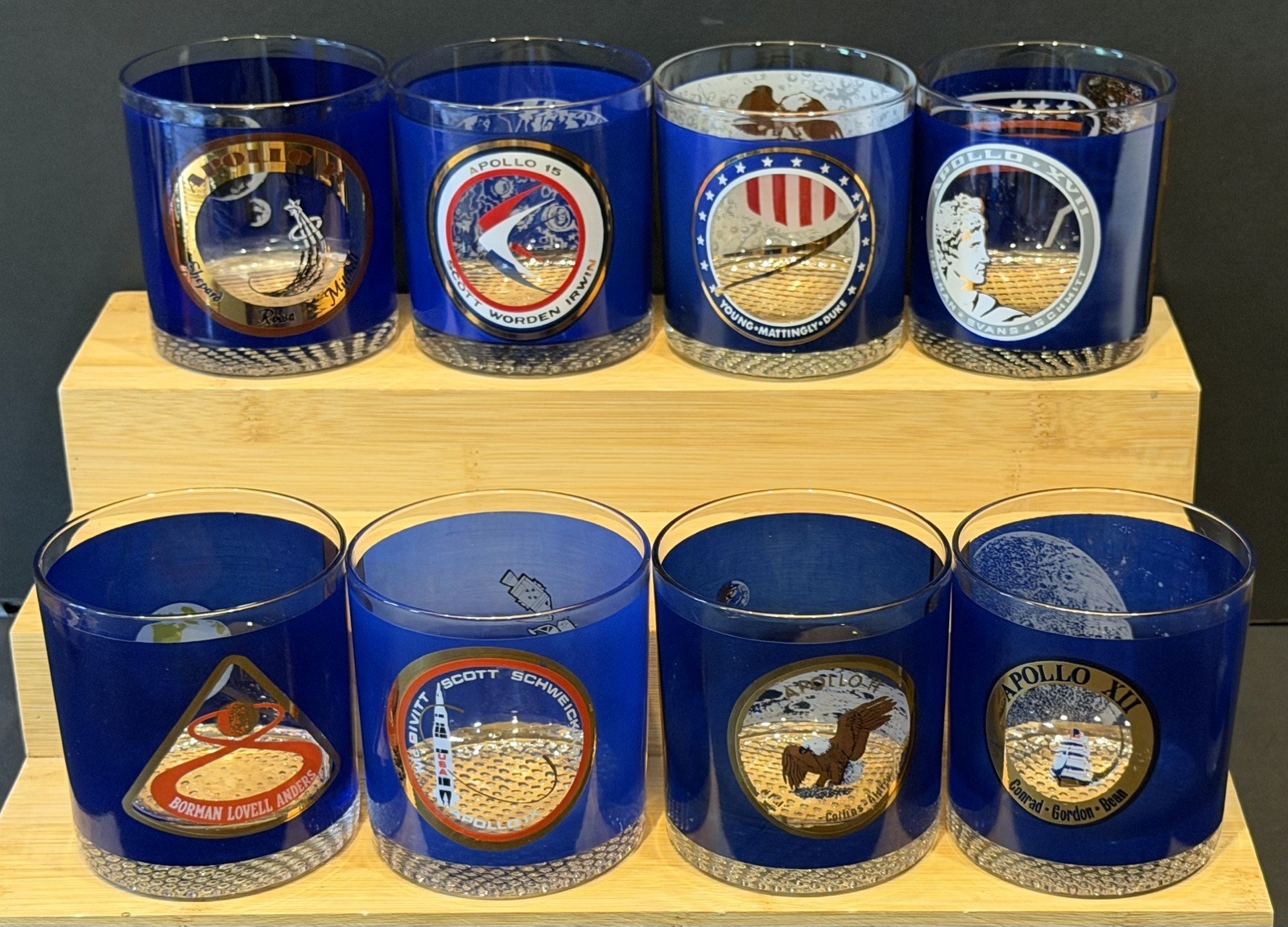 Vintage Set of 9 Rare Houze Space Art Glasses Apollo 8-9, 11-12, 14-17 & Shuttle