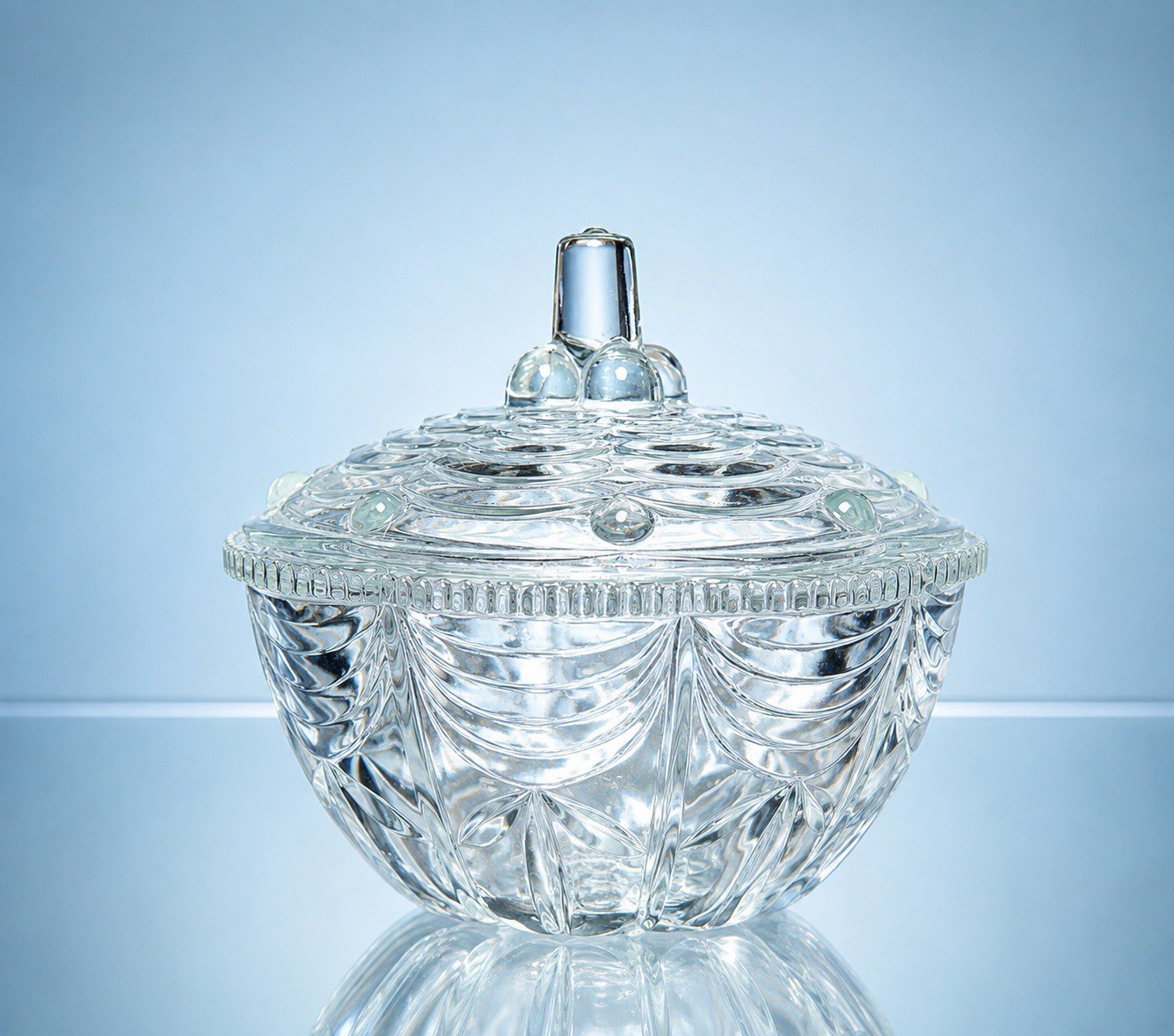 KIG Indonesia 1970s Covered Candy Dish Swag & Scallop Pressed Clear, 5.25x5.5\