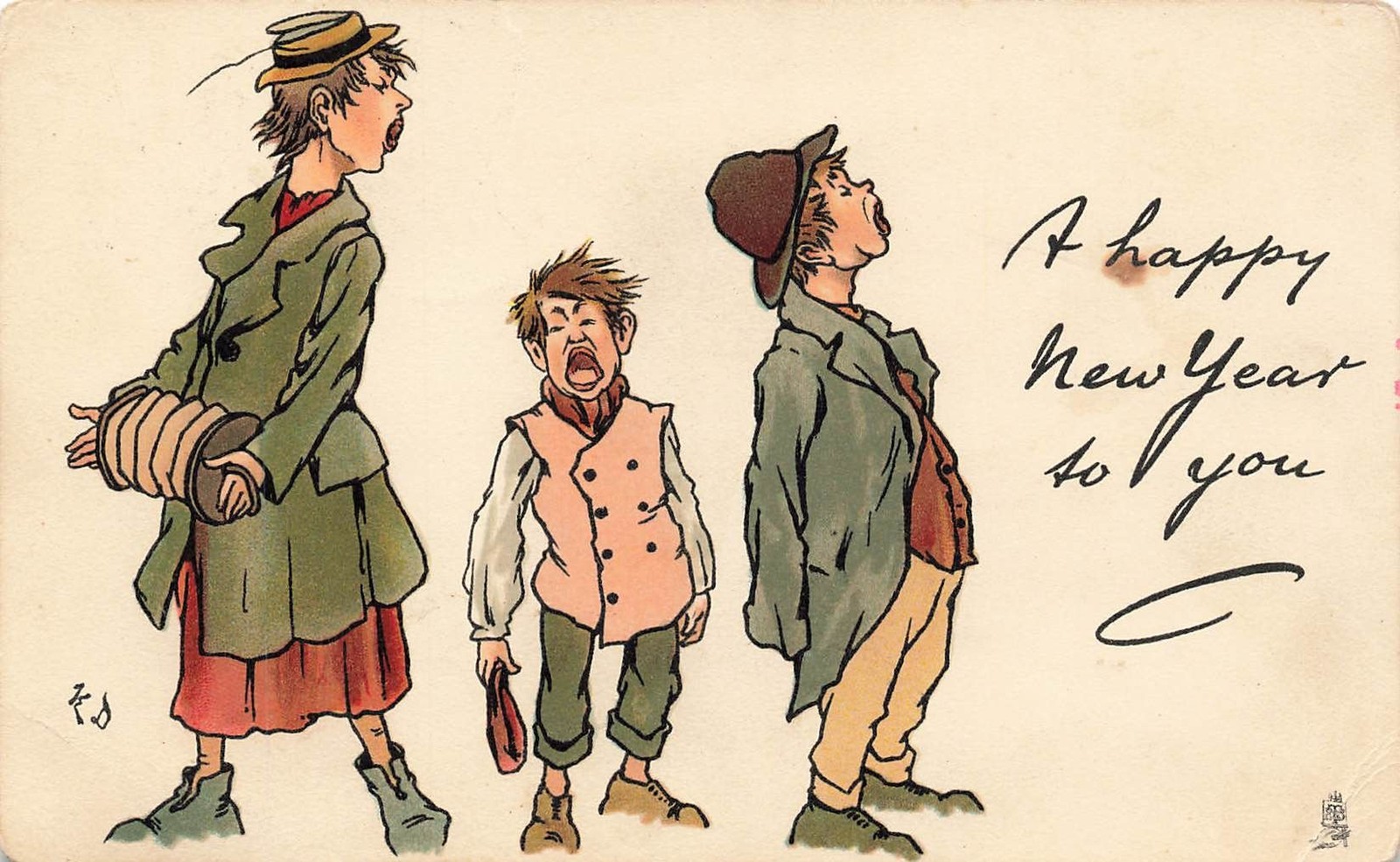 New Year, Tuck No 1795, Artist Signed T.E. Donnison, Children Playing & Singing
