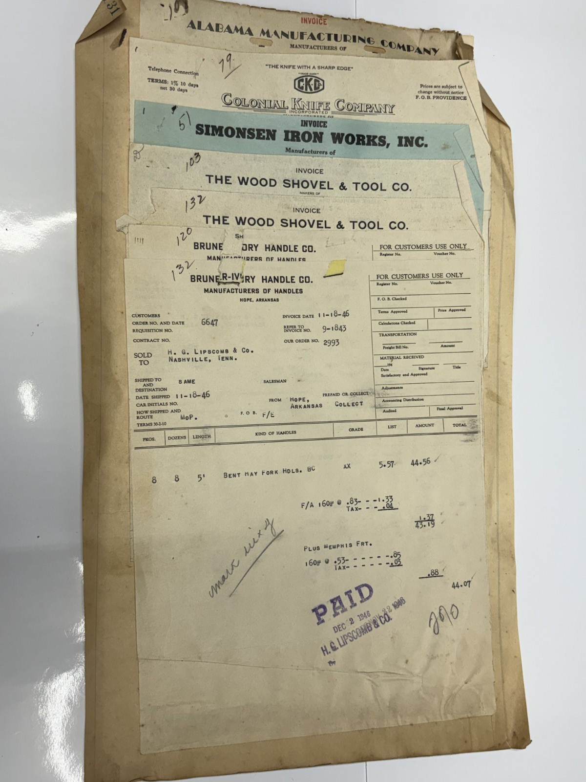 Vintage Invoices Small Group 1946 Total of Eleven Vintage Invoices Small Group 1946 Total of Eleven