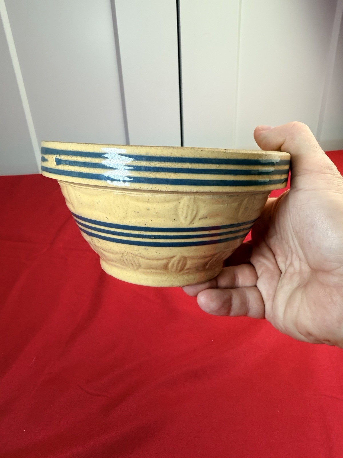 Antique McCoy Yellow Ware Mixing Bowl Blue Bands Embossed Panels 6.5”