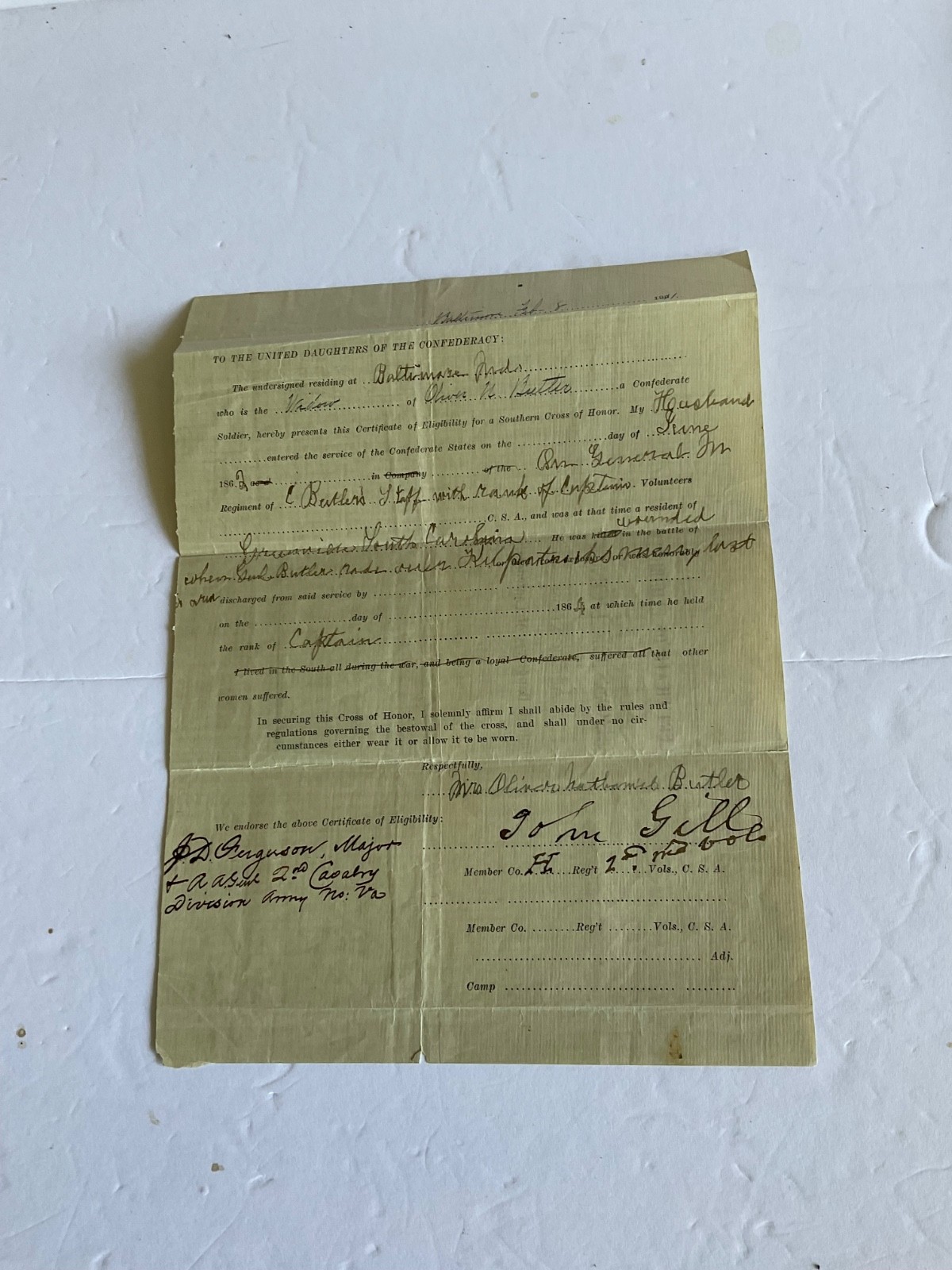 CIVIL WAR CSA CROSS OF HONOR CERTIFICATE FOR FAMOUS S. C. BUTLER BROTHER 1911
