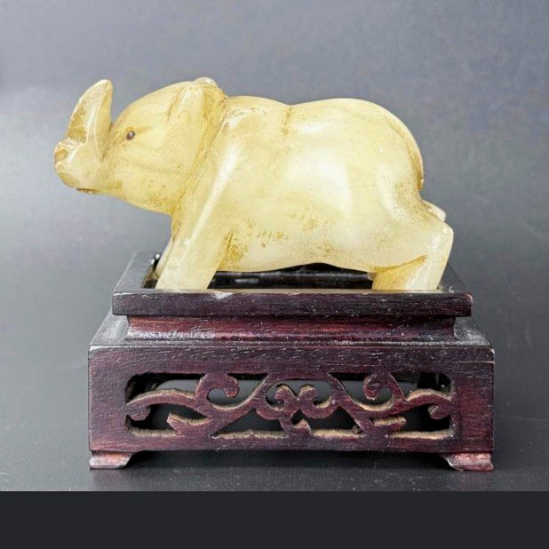 Antique Jade Rhinoceros Figurine Carved Stone Look with Wooden Display Stand