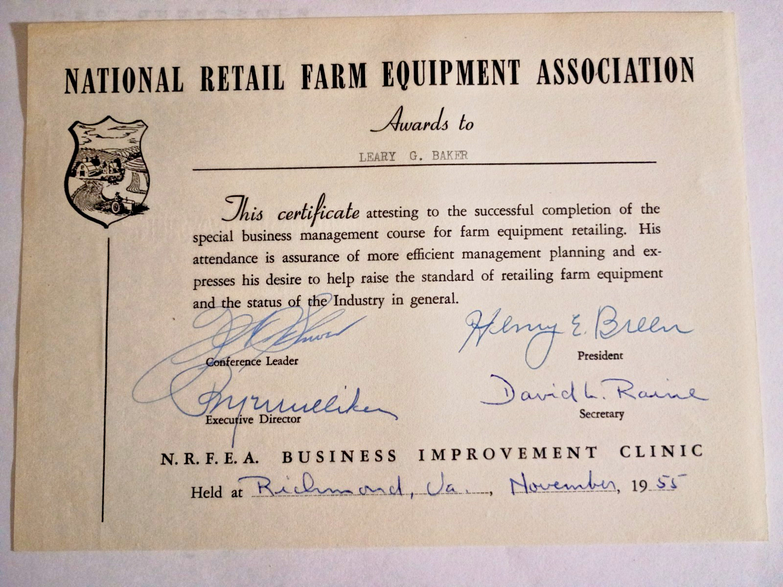 1955 National Retail Farm Equipment Association Certificate Richmond VA Vintage