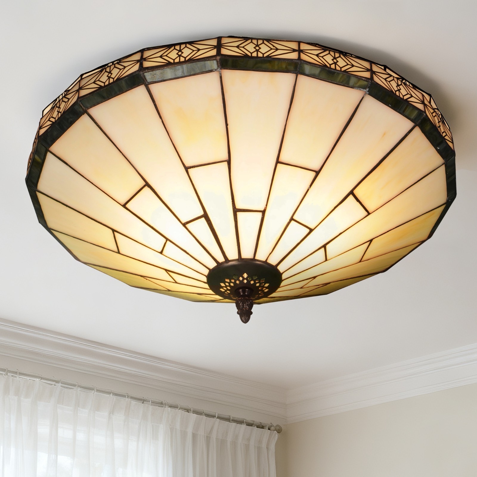 16\'\' Retro Glass Lamp, Three Light Illumination, Iron Polygon Semi Ceiling Light
