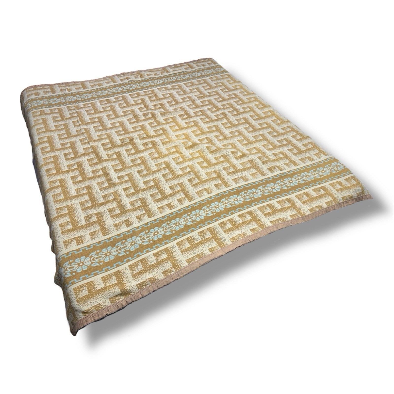 Vtg Esmond Camp Blanket 67x69” Tan Aqua Floral Illusion 20s 30s 40s Cotton