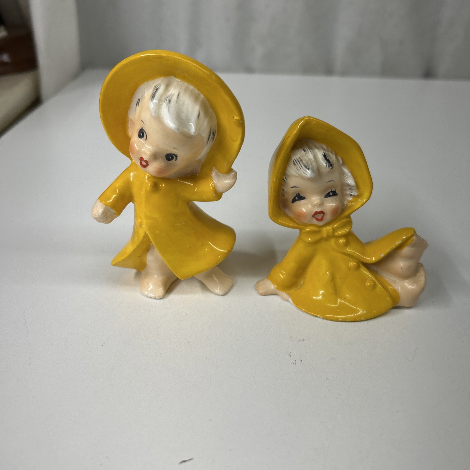 Vintage Pair of RARE Enesco Baby Toddlers in Yellow Rain Slickers Kid Figurines