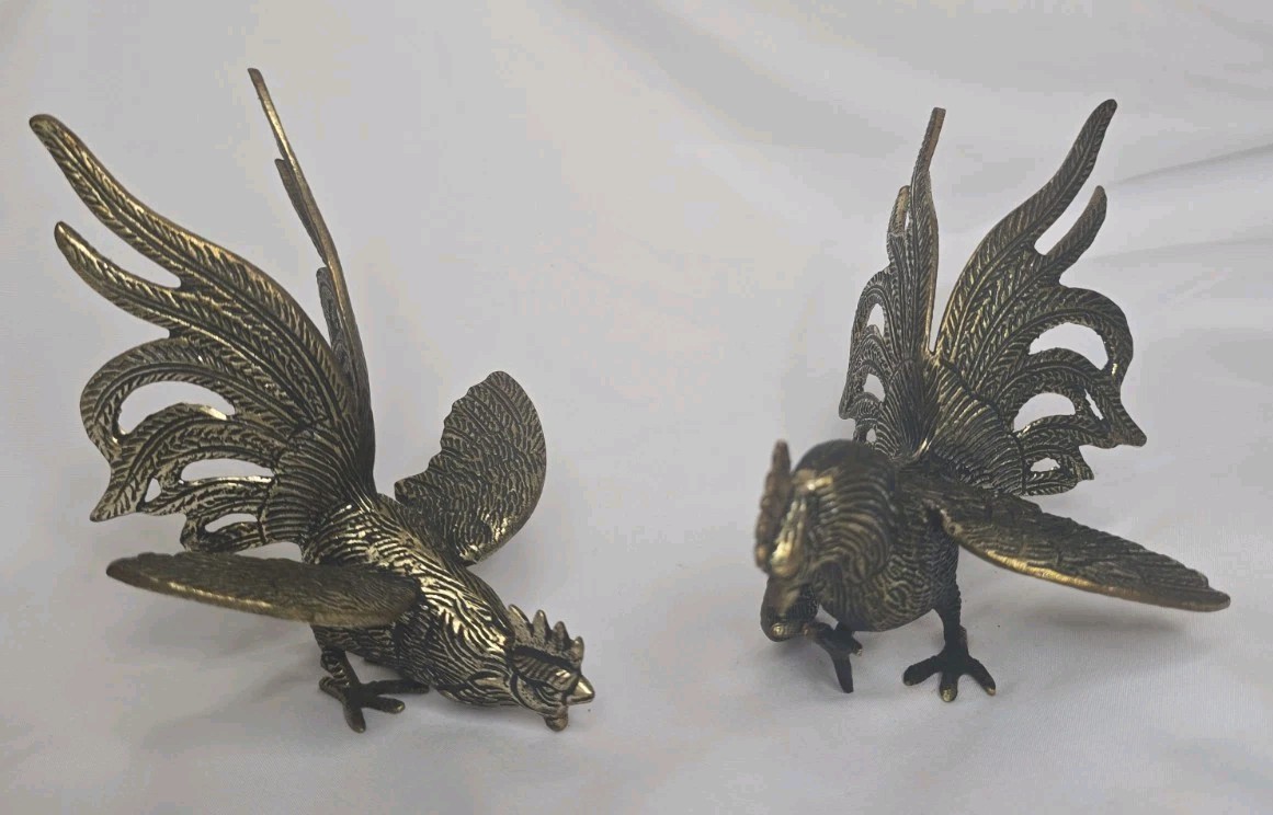 Pair Of Vintage Mid-Century Modern Cast Brass Fighting Rooster Figurine Italy