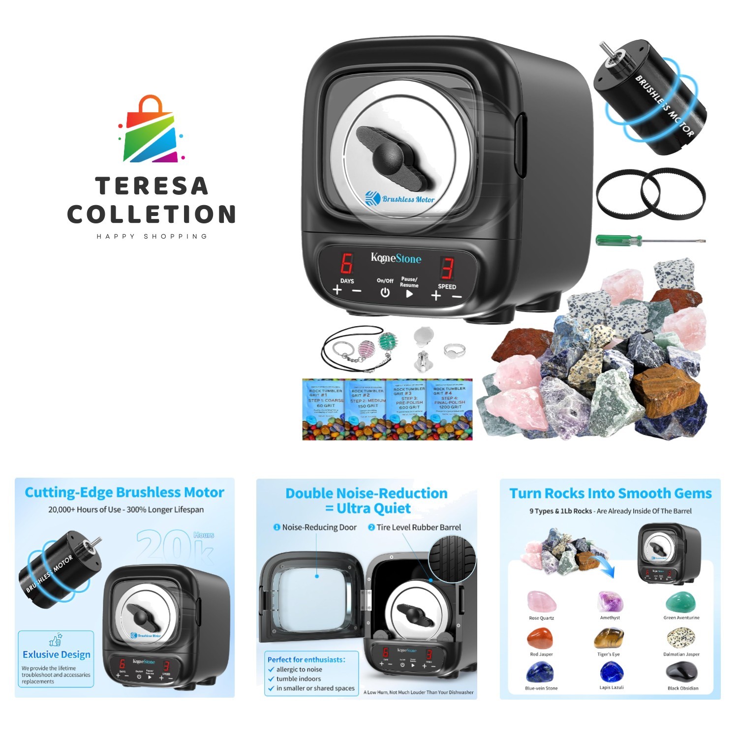 Ultra Quiet 3LB Rock Tumbler Kit – Professional Polisher with Brushless Motor Ultra Quiet 3LB Rock Tumbler Kit – Professional Polisher with Brushless Motor