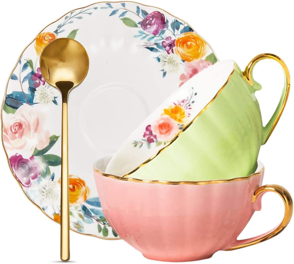  Saucer Set for 2 Bone China English Tea Cup Floral Teacups Coffee Latte Mugs 