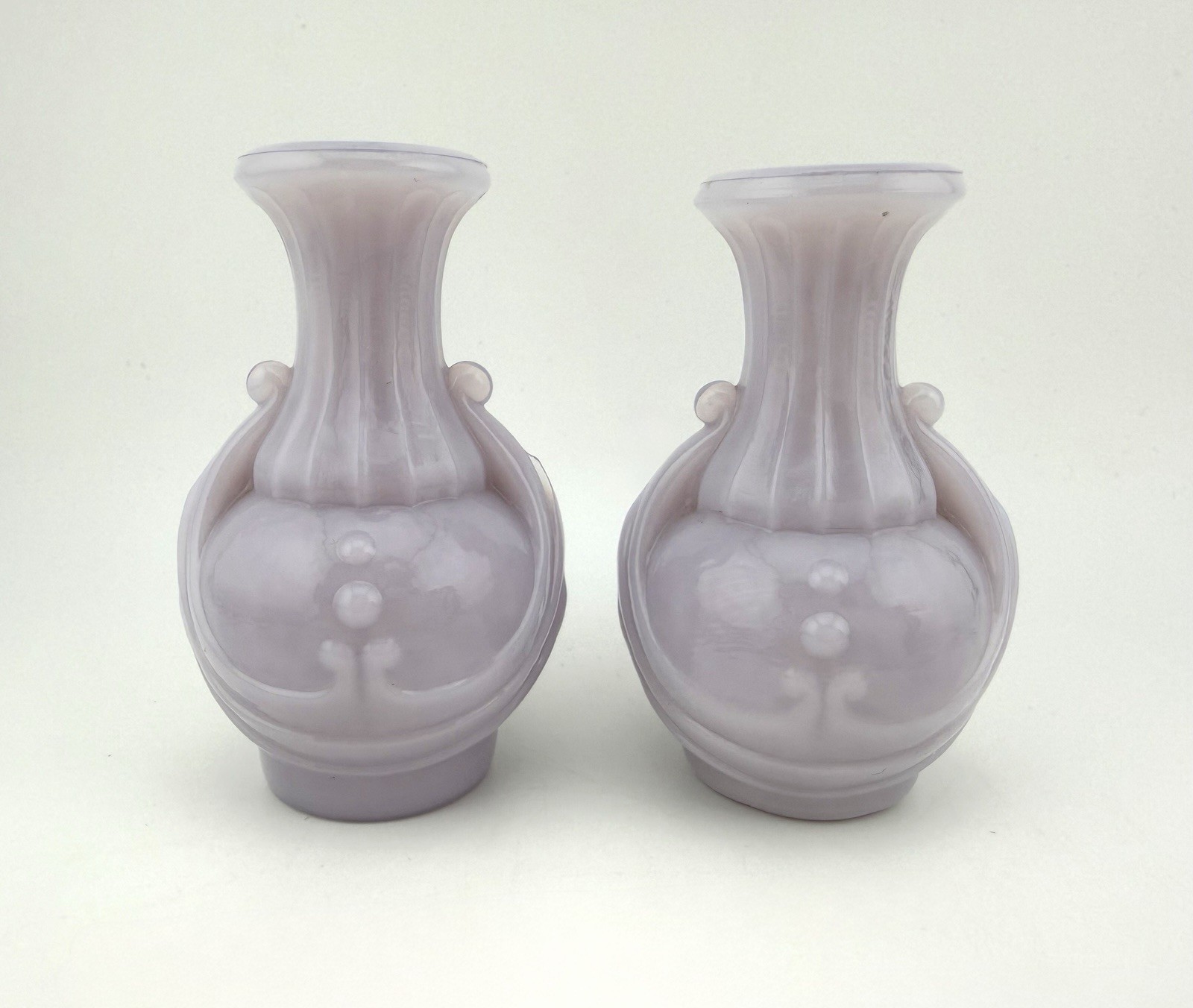 Antique Pair of Sun-Purpled Lavender Milk EAPG Miniature Urn Vases - Circa 1900