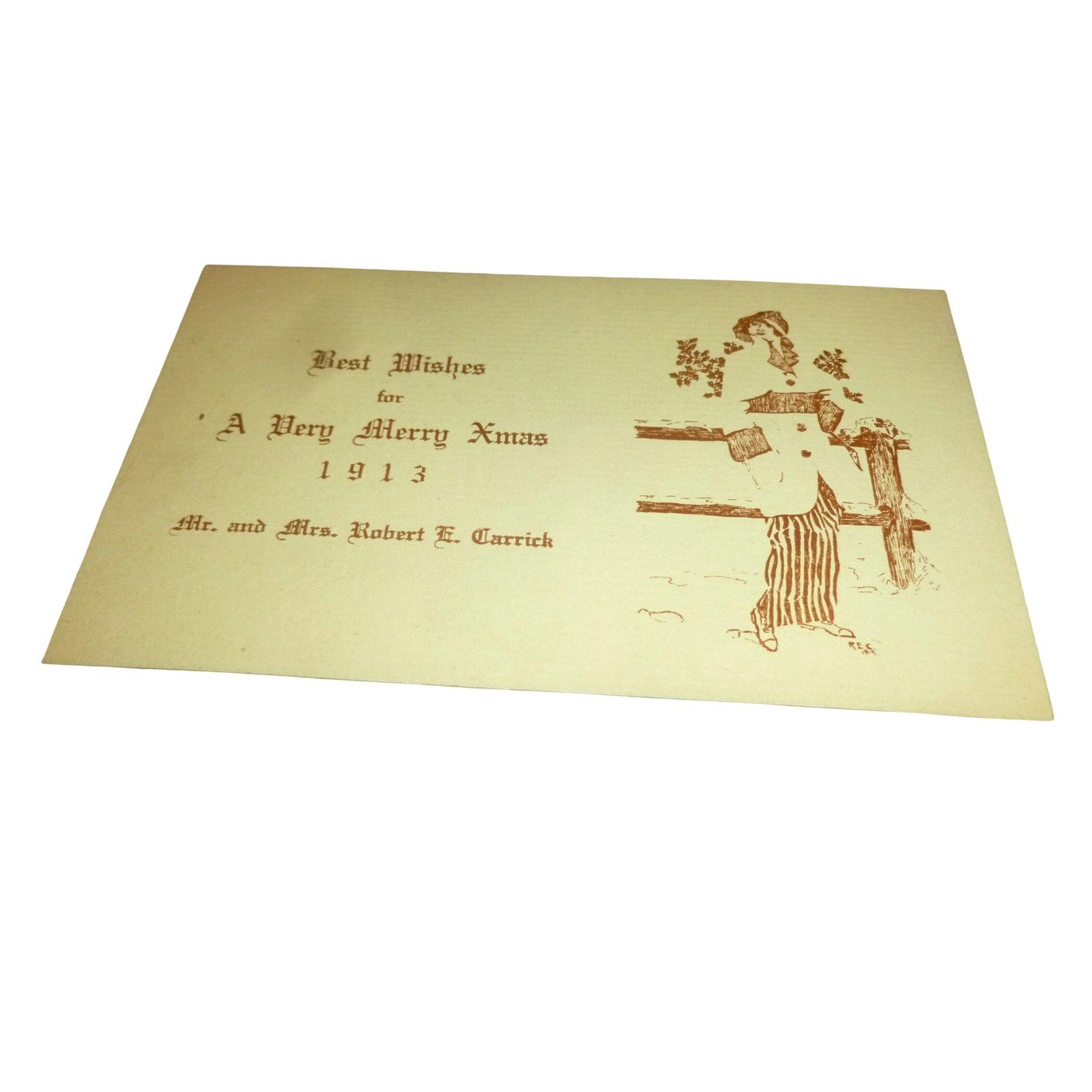 Antique 1913 Christmas Card Mr Mrs Robert E Carrick Edwardian Woman Illustration