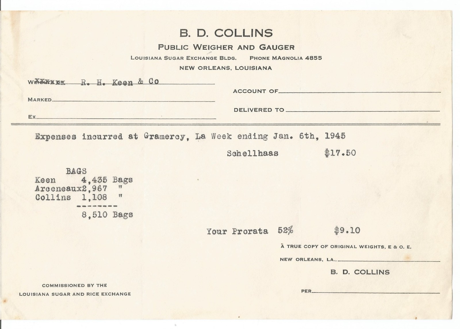 Antique Ephemera B.D. Collins Weigher & Gauger Receipt 1945  New Orleans