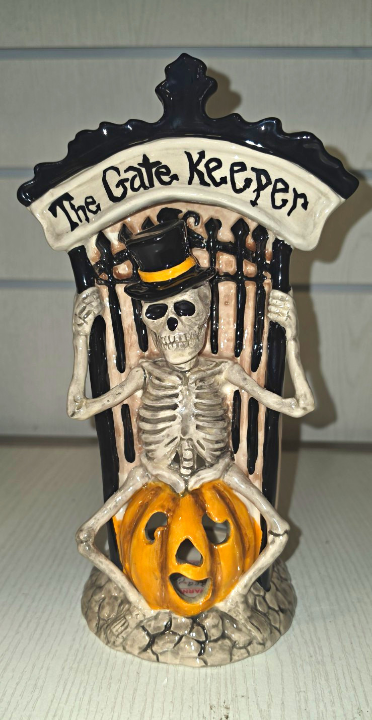 Gate Keeper Skeleton Pumpkin Halloween Ceramic Tealight Candle Holder