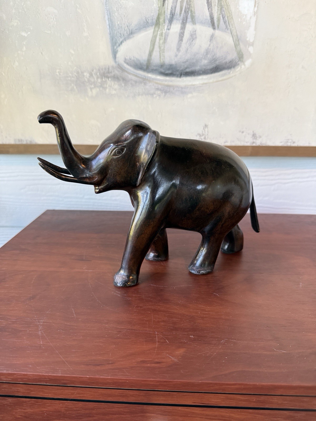 Bronze Metal Elephant Statue 9.5”H Trunk Up Heavy Decor