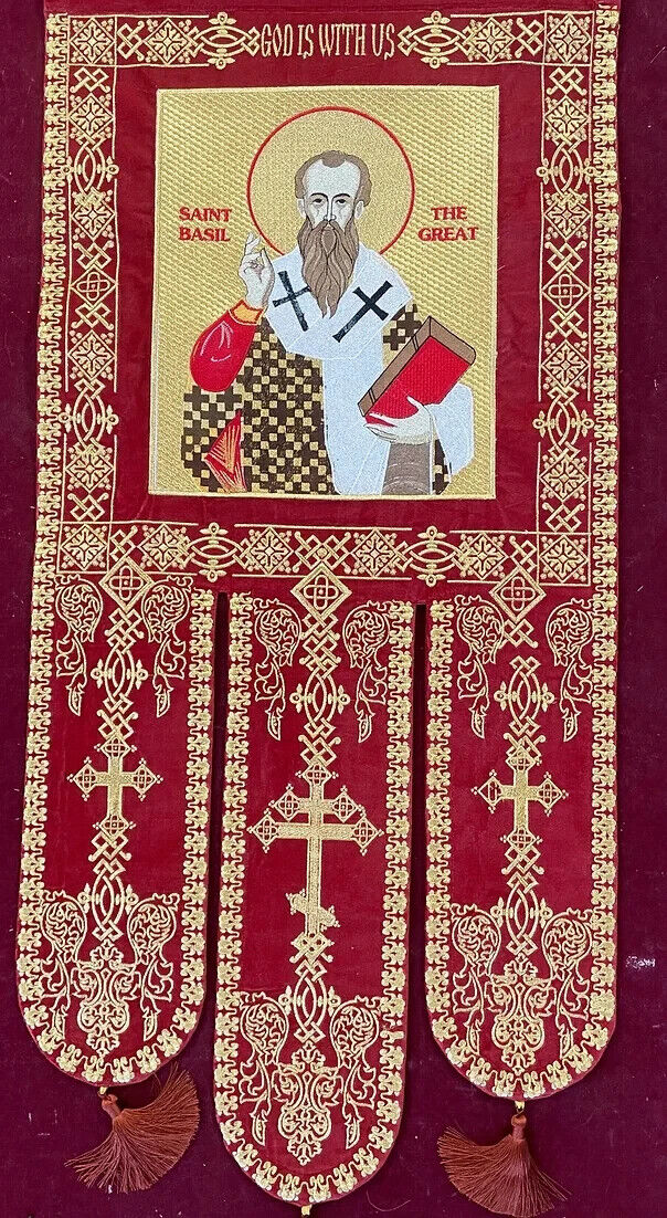 Fully embroidered banner horugvy with icon of Saint Basil the Great