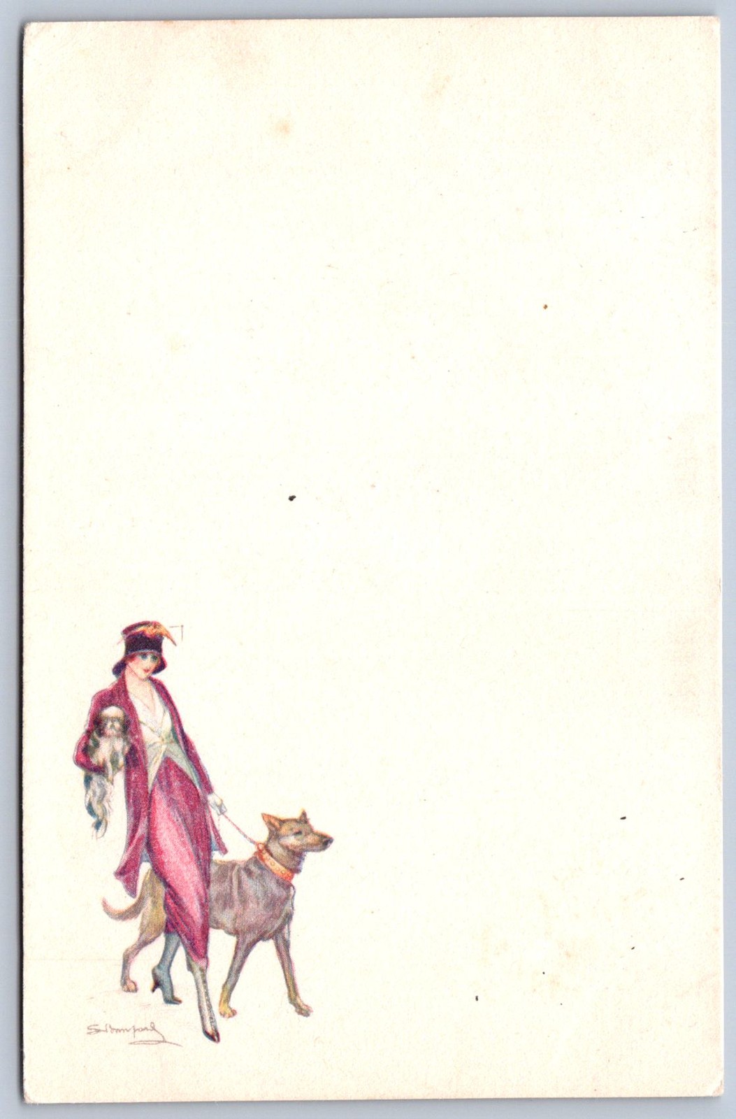 K36/ Interesting Postcard c1910 Art Nouveau Woman Dogs Dress Belgium 557